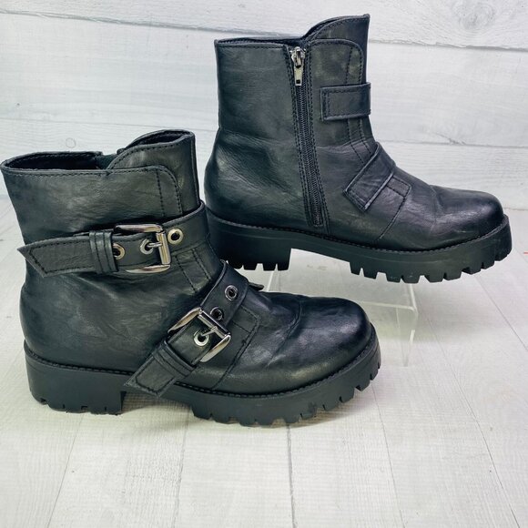 AU Air Underground Womens CARMINE Side Zip Black Combat Biker Boots Size 9.5 M - Picture 2 of 16